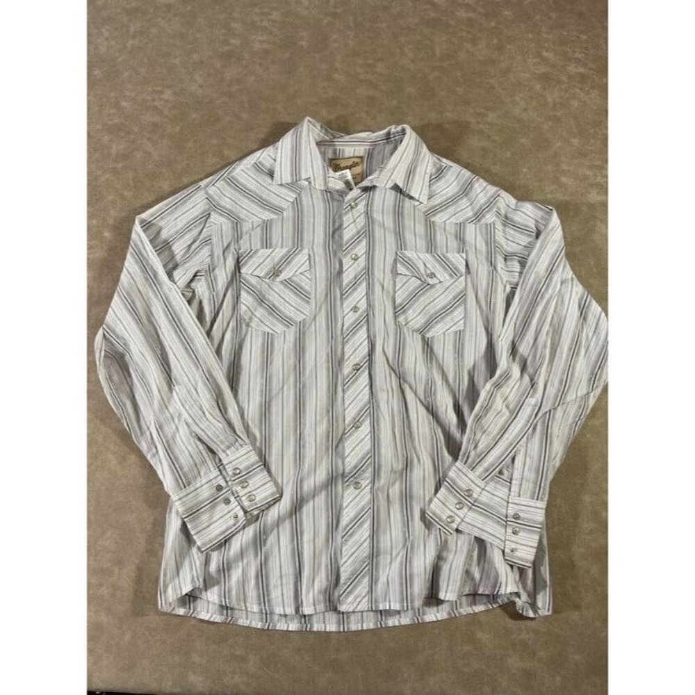 Wrangler Mens Western Long Sleeve Button Down Pearl Snap Shirt Gray White XL‎